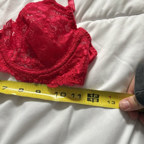 Vintage 90s Y2K Victoria's Secret Unlined Bra 36B Red Lace Nylon Rose Floral - Picture 2 of 9